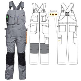Полукомбинезон рабочий летний тёмно-серый 51-2-P154-57 из смесовой ткани с наколенниками и 12 карманами
