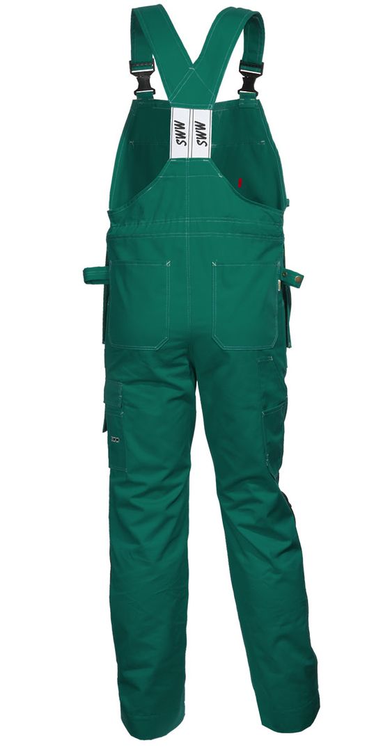 Полукомбинезон рабочий летний зеленый 51-2-P154-21 из смесовой ткани с наколенниками и 12 карманами, вид сзади