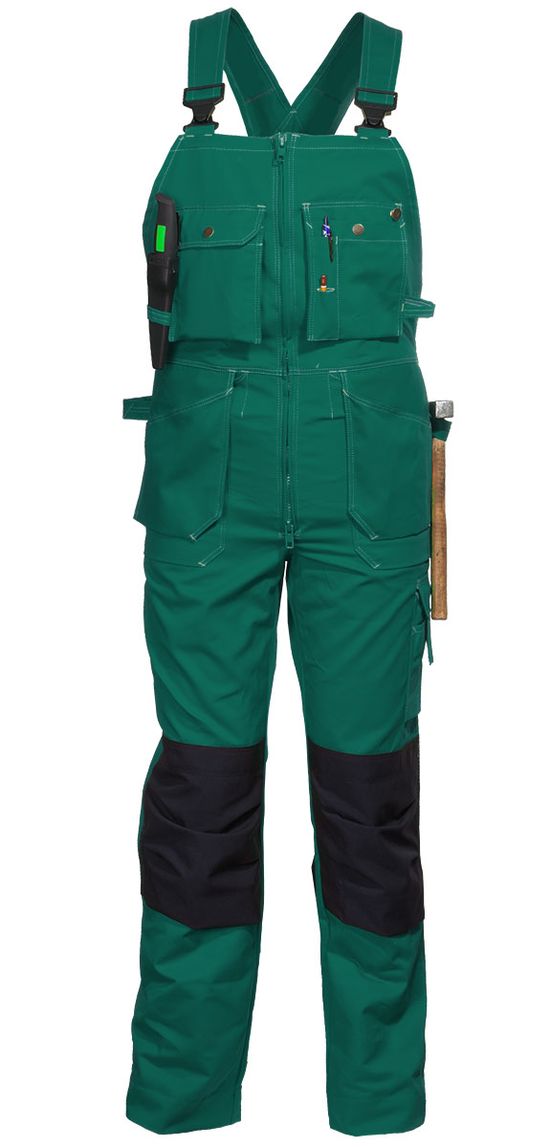 Полукомбинезон рабочий летний зеленый 51-2-P154-21 из смесовой ткани с наколенниками и 12 карманами, вид спереди