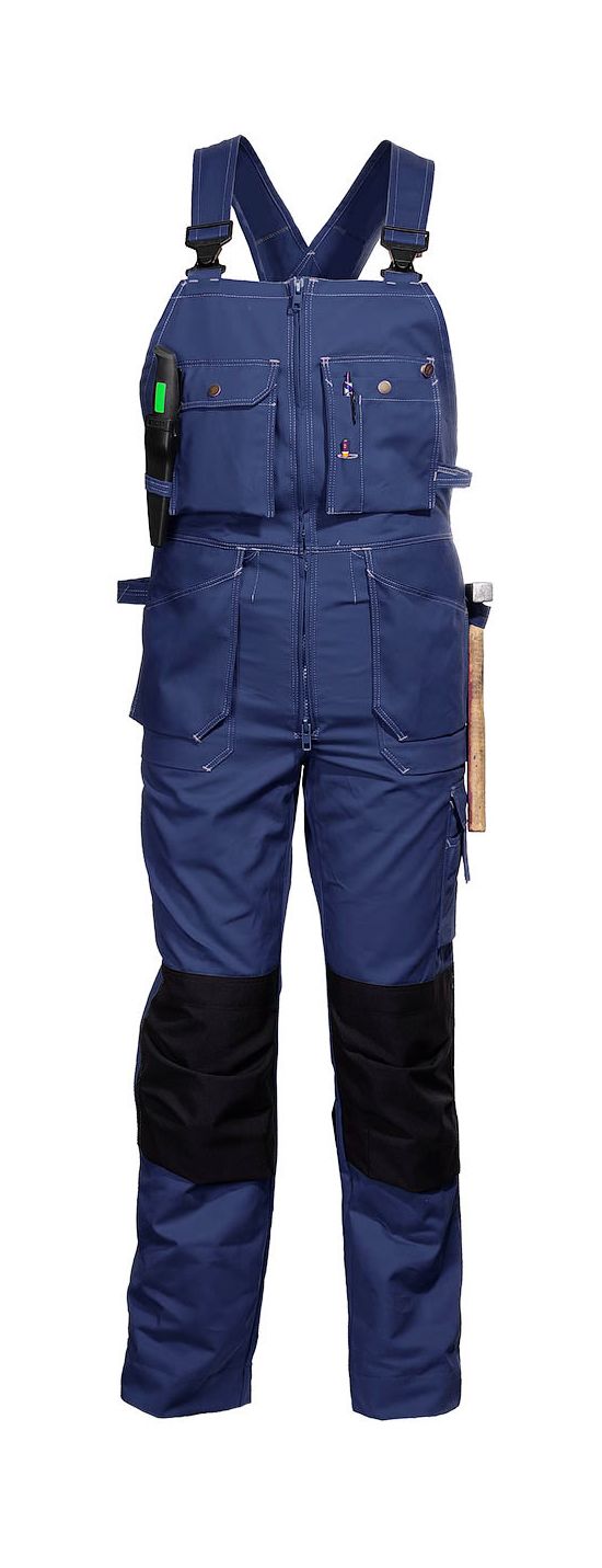 Полукомбинезон рабочий летний тёмно-синий 51-2-P154-14 из смесовой ткани с наколенниками и 12 карманами, вид спереди