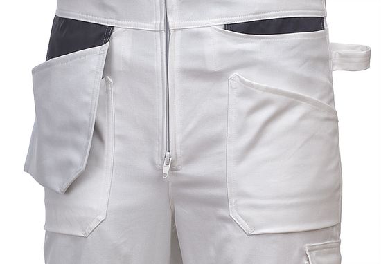 Белый рабочий летний полукомбинезон 55M-EASN-00/55 из хлопка, левый нижний отлётный карман убран внутрь