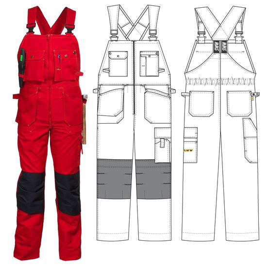 Полукомбинезон рабочий летний красный 51-2-P154-81 из смесовой ткани с наколенниками и 12 карманами