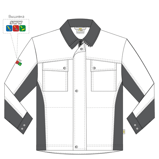 Летняя рабочая бежевая мужская куртка 374M-CY-05/55 из плотной износостойкой смесовой ткани, эскиз, вид спереди