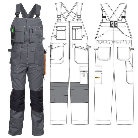 Полукомбинезон рабочий летний тёмно-серый 51-2-P154-58 из смесовой ткани с наколенниками и 12 карманами