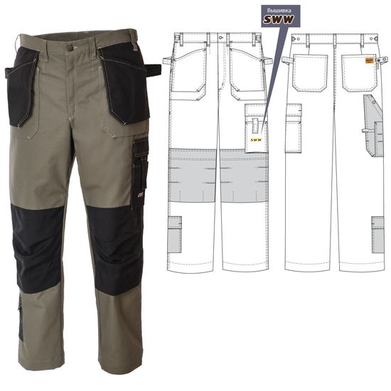 Летние рабочие брюки 255A-CAN-7/90 из плотной износостойкой смеcовой ткани, вид спереди, эскиз