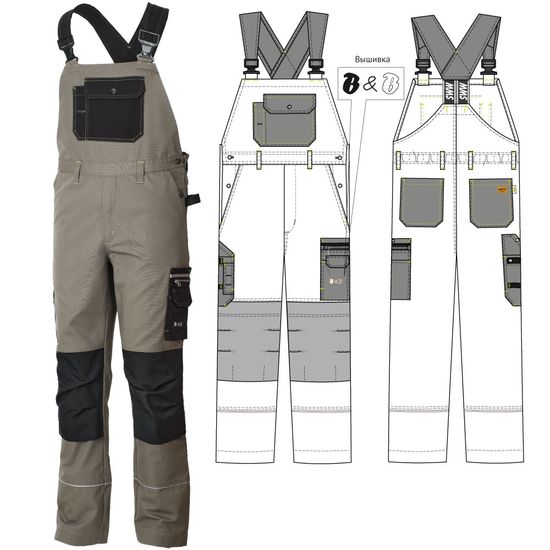 :Рабочий мужской полукомбинезон 77-CAN-7/90  хаки с черной отделкой из износостойкой смесовой ткани