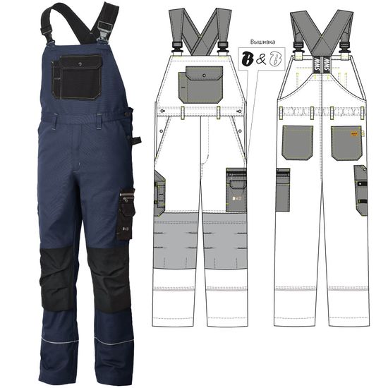Полукомбинезон 77-CAN-15/90 из смесовой ткани, вид спереди и эскиз