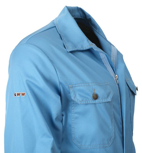 Рабочий летний голубой мужской комбинезон 830-P165-11 из износостойкой смесовой ткани, вышивка на рукаве