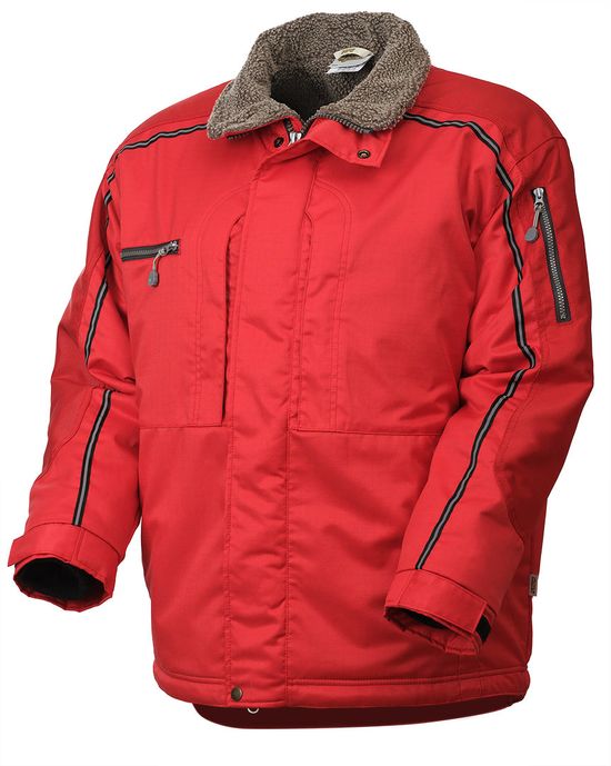 Зимняя укороченная красная куртка пилот (бомбер) 622S-TWILL-80 с отстегнутым капюшоном