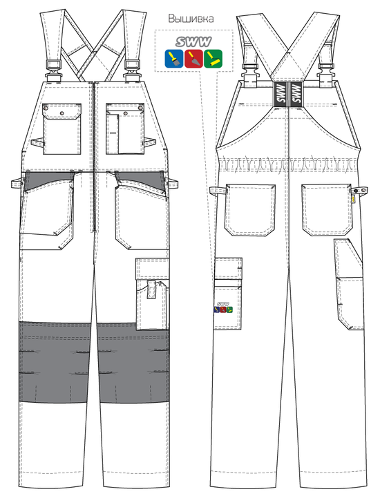 Полукомбинезон рабочий летний белый 51M-2-EASN-00/55 из плотного хлопка с наколенниками и 13 карманами, эскиз