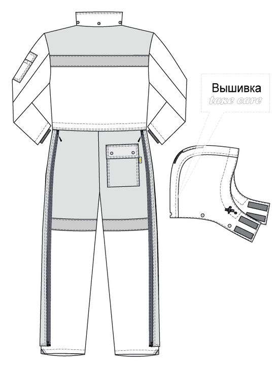 Зимний экстремальный комбинезон с капюшоном  8831F-PP-80/55  с комбинированным утеплителем, эскиз, вид сзади и капюшон
