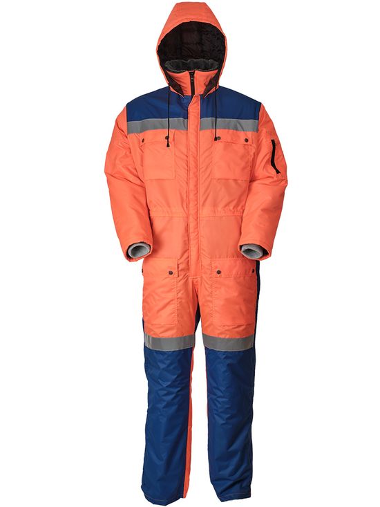 Рабочий зимний мужской комбинезон 8831-TWILL FT-717/16 на подкладке из искусственного меха. Вид спереди с поднятым капюшоном