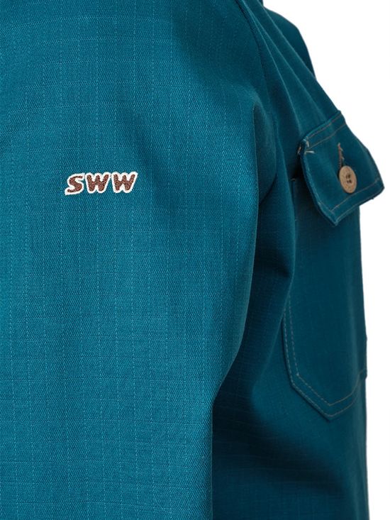 Рабочий летний мужской комбинезон 830-P154-61 сине-зеленого цвета из износостойкой смесовой ткани, вышивка на правом рукаве