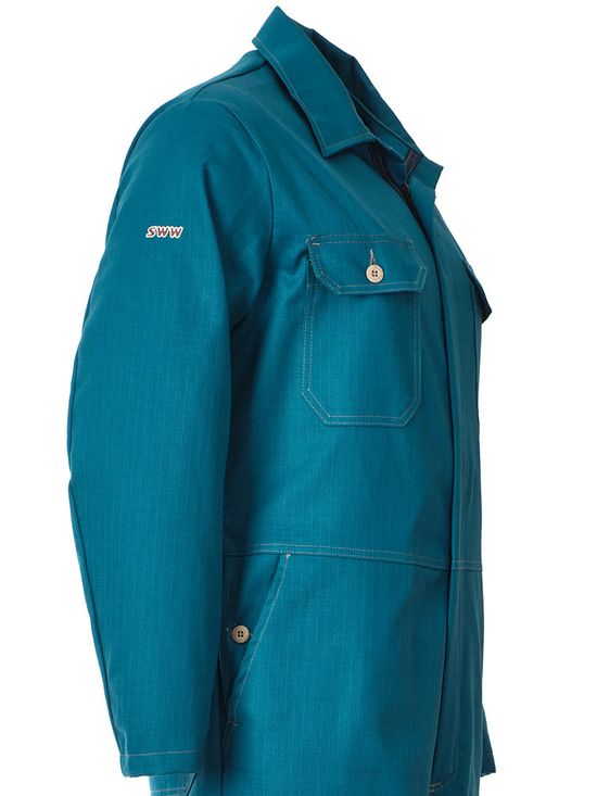 Рабочий летний мужской комбинезон 830-P154-61 сине-зеленого цвета из износостойкой смесовой ткани, верхняя часть, вид справа