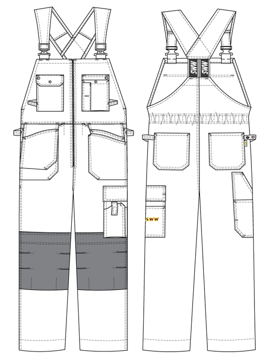 Полукомбинезон рабочий летний тёмно-синий 51-2-P154-14 из смесовой ткани с наколенниками и 12 карманами, эскиз