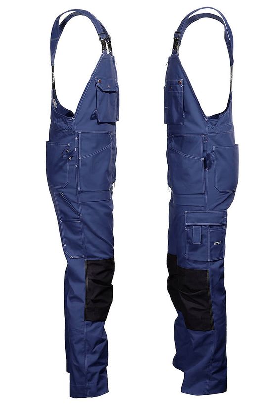 Полукомбинезон рабочий летний тёмно-синий 51-2-P154-14 из смесовой ткани с наколенниками и 12 карманами, вид сбоку