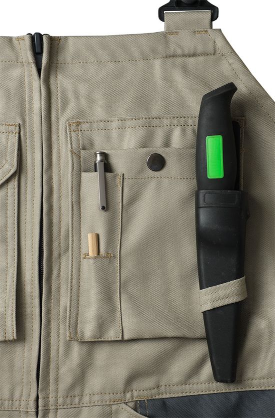 Бежевый рабочий летний полукомбинезон 55M-CY-05/55 из плотной износостойкой полусинтетики, крепление ножа в ножнах